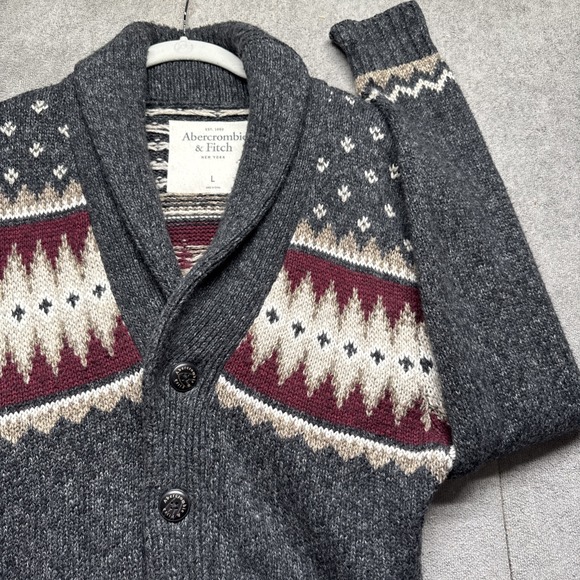Abercrombie Fitch Men's Gray Shawl Collar Cardigan Sweater Large Fair Isle Ski - Picture 1 of 10
